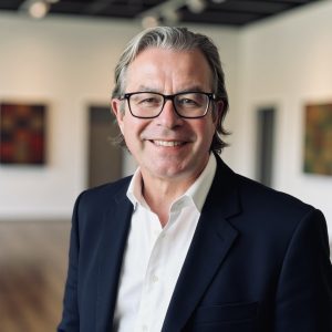 Tim Davies standing in an art gallery dressed in a dark business jacket and white shirt.