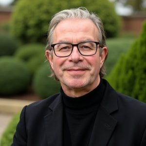 Tim Davies dressed in a black business jacket and black roll-neck sweater, standing in a garden with hedges and bushes. Soft skills leadership development.