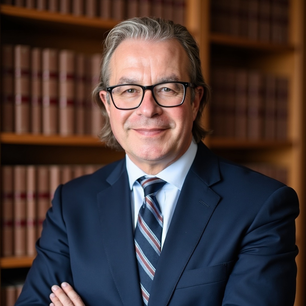 Tim Davies standing in a library in a dark business suit and tie.