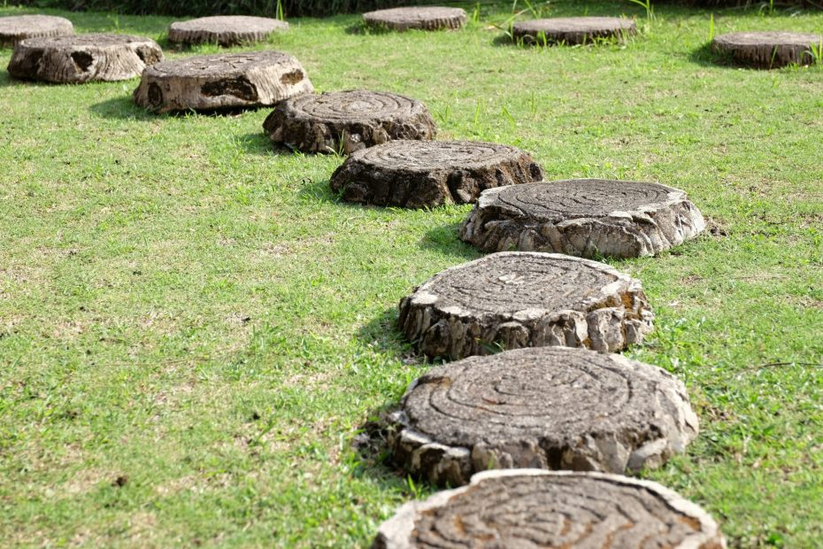 10 stepping stones placed on grass receding into distance.